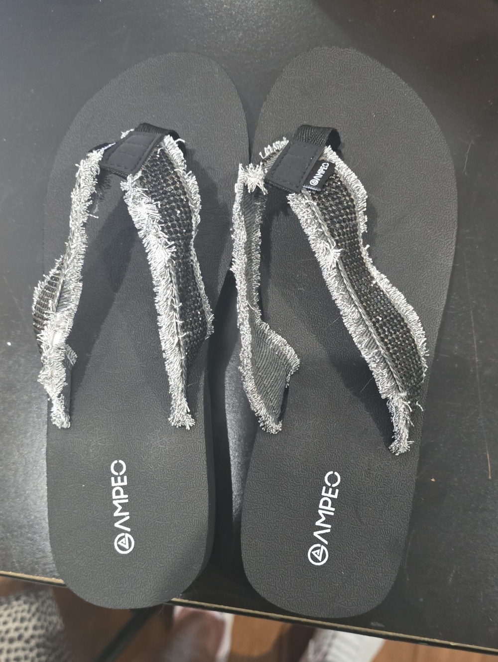 Ampec Black Fringe Fabric Flip Flops - Women